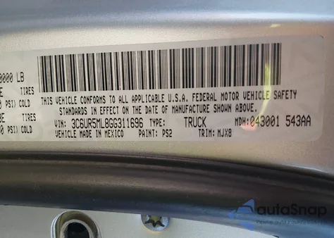 2016 Ram 2500 Lone Star z USA, uszkodzony, nr VIN 3C6UR5ML8GG311696